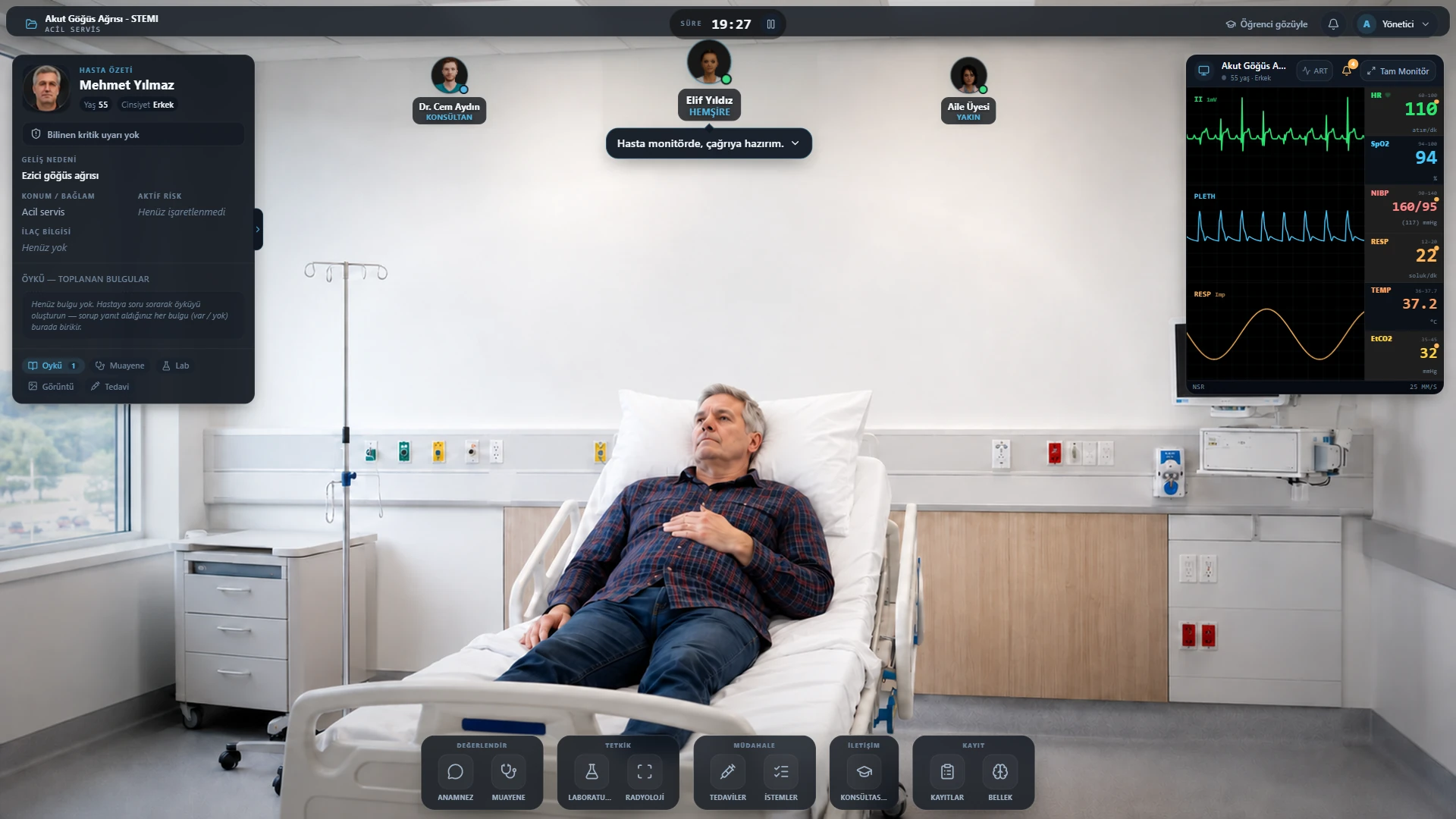 LivingPatient: sanal hasta, hasta odası ve klinik işlem kontrolleri.